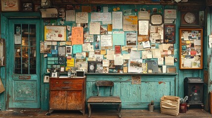 A vibrant vintage wall filled with eclectic notes and documents in a rustic setting
