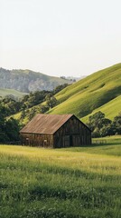 Rustic Barn Amidst Lush Green Hills and Serene Countryside Landscape