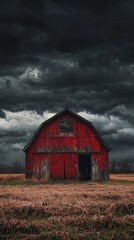 Obraz premium Rustic Red Barn Under Dramatic Cloudy Sky in Rural Landscape