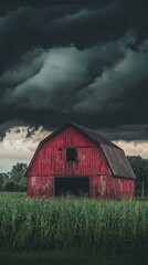 Fototapeta premium Red Barn Against Dark Cloudy Sky in Rural Landscape Setting