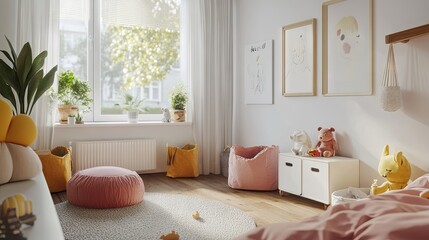 Fototapeta premium Modern children's bedroom with sealed storage bins and easy-clean floors