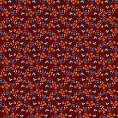 Country style summer tiny flowers primitive pattern Simple orange blue flowers, berries, butterflies Dark vine red, burgundy, chocolate, brown color background Ditsy dress fabric print