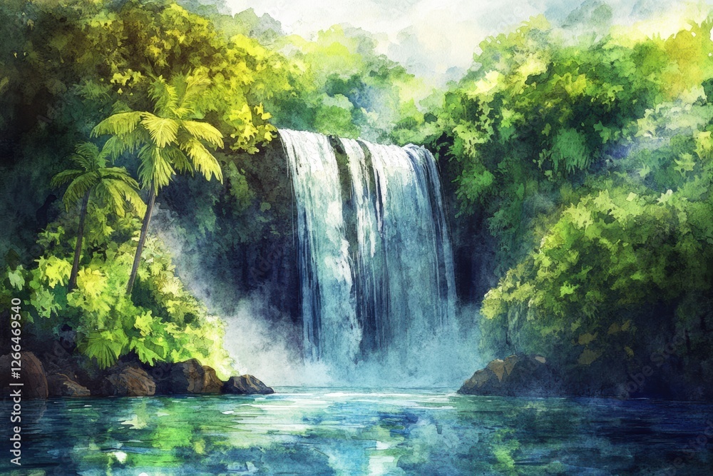 Aufkleber lush tropical waterfall cascading into a tranquil pool surrounded by vibrant greenery at dawn. gener
