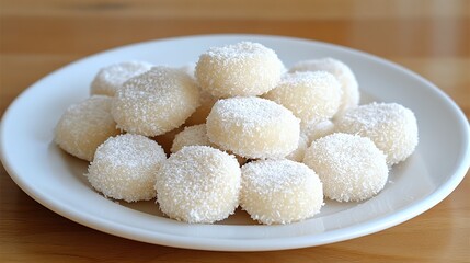 Coconut candies on plate, wooden table background, sweet treat