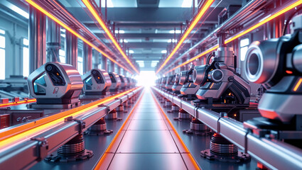Futuristic production line with robotic arms conveys advanced manufacturing and automation technology.