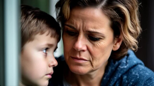 Sad single mature woman and her son looking away with uncertainty 	