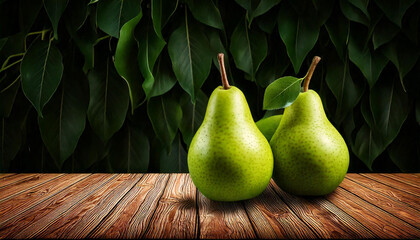 View of fresh green pears on the wood table with dark leaves background