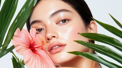 Fototapeta premium Radiant Beauty: A young woman with flawless, glowing skin gently holds a vibrant pink hibiscus flower against her cheek, framed by lush green tropical leaves. 