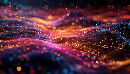 Wonderful night view futuristic international telecommunication network, concept about global data transfer, background with colourful abstract dynamic gradient line flows connecting cityspace