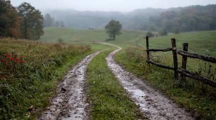 Countryside Road, Misty Morning, Rural Landscape, Scenic View, Tranquil Scene, Potential Stock Photo