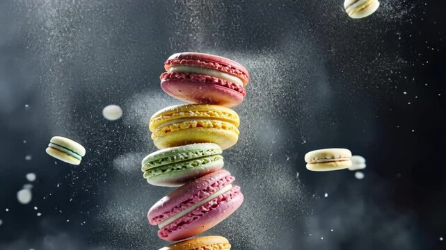 Sweet Stack of Macarons: A visually stunning, dynamic image of pastel-colored macarons stacked precariously, with powdered sugar swirling around them against a dark background.