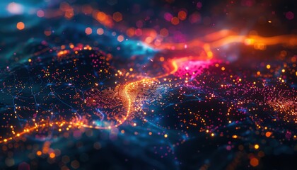 Wonderful night view futuristic international telecommunication network, concept about global data transfer, background with colourful abstract dynamic gradient line flows connecting cityspace