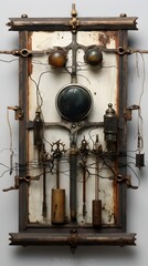 Vintage Steampunk Apparatus Retro Industrial Clockwork Mechanism Antique Brass and Wood Panel