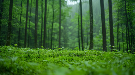 Obraz premium Lush green forest floor, misty trees, tranquil nature scene, background for eco-projects