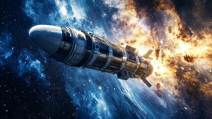 Futuristic Rocket in Space with Exploding Galaxy Background
