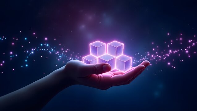 Web3 and Blockchain Technology Concepts. Open-Hand Hovering Virtual Objects.