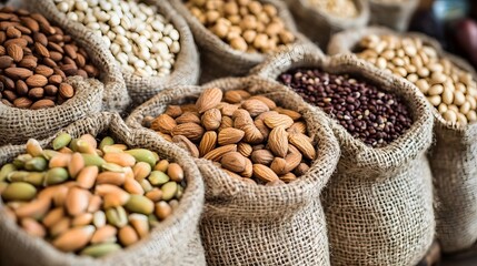 Fototapeta premium Assortment of Wholesome Nuts and Grains Displayed in Burlap Sacks for Farm-to-Table Freshness