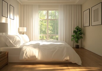Fototapeta premium Sunny White Shade Bedroom with White Bedding and Hardwood Floor