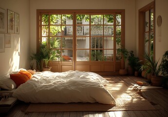 Sunny Bedroom with White Bedding and Orange Pillows