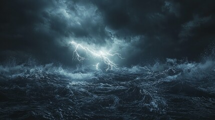 Fototapeta premium Dramatic Lightning Over Turbulent Sea Under Dark Stormy Clouds