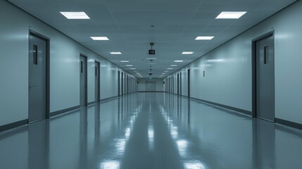 Obraz premium Long Corridor with Doors and Bright overhead Lighting in Modern Design