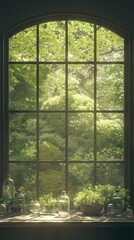 Fototapeta premium Window view of green trees; jars on sill; sunlight filtering through