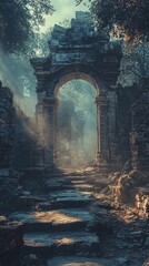 Abandoned Ancient Archway Surrounded by Misty Forest Gloom