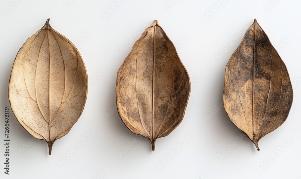 Wall mural Three intricately designed leaf-shaped bowls displayed on a clean white surface, showcasing their textures