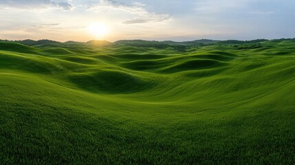 Fototapeta premium Lush Green Rolling Hills at Sunset, Scenic Countryside, Panoramic View, Nature's Beauty