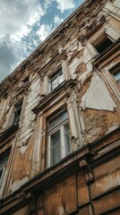 Obraz premium Weathered Urban Facade with Cracked Walls and Dramatic Sky
