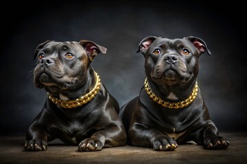 Obraz premium Adorable black Staffordshire Bull Terriers, purebred, lie down, eyes up, wearing golden and silver collars.