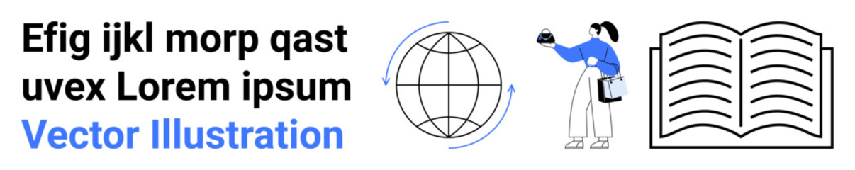 Globe with rotation arrows, open book, person interacting with cloud data. Ideal for education, technology, digital transformation, global learning, knowledge exchange, information sharing flat