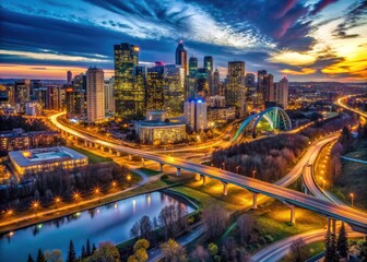 Aerial drone captures Edmonton's vibrant nighttime cityscape, showcasing Alberta's sprawling urban landscape and busy traffic.