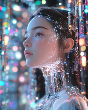 A close-up portrait of a cybernetic girl being assembled at a factory.