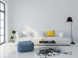 Minimalist living room with white sofa. blue pouf. and black and white cowhide rug