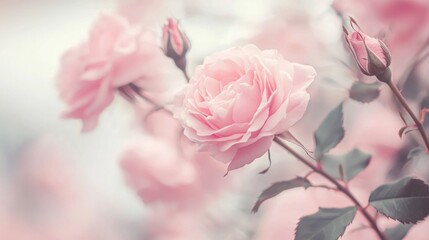 Obraz premium Soft Pink Roses in Bloom, Garden Setting, Delicate Background