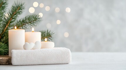 Spa candles, soft white towel, holiday mood. Peaceful ambiance