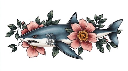 Shark head flower very simple traditional tattoo flash styles illustration
