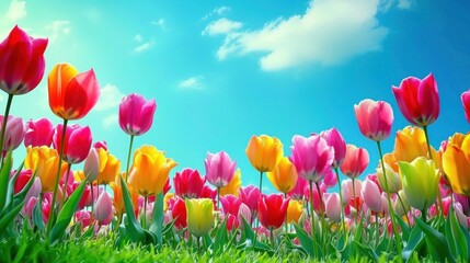 Fototapeta premium Colorful tulips in a spring field under a vibrant sky