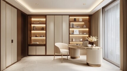 Study corner with adjustable furniture and storage shelves