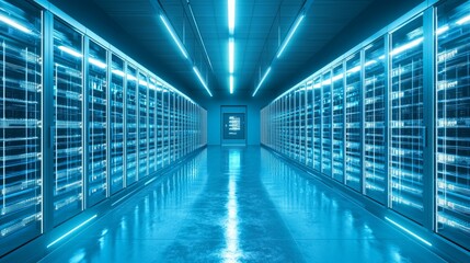 Fototapeta premium Futuristic Data Center with Blue LED Lighting and Server Racks