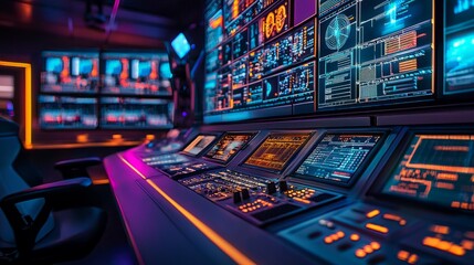 High-Tech Control Room with Monitors and Data Displays at Night