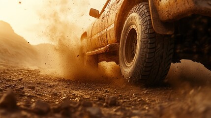 4x4 truck off-roading in dusty desert at sunset