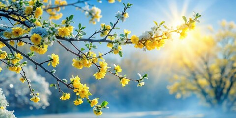 Golden blossoms dusted with winter's kiss, basking in the sun's warm embrace, a picturesque scene of nature's resilience