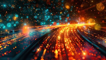 Obraz premium Wonderful night view futuristic international telecommunication network, concept about global data transfer, background with colourful abstract dynamic gradient line flows connecting cityspace