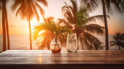 Obraz premium Tropical Sunset Scene Palm Trees Ocean View Wooden Table with Palm Fronds in Glass Vases