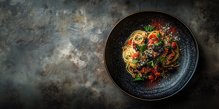 A plate of spaghetti puttanesca with olives, capers, and crushed tomatoes, set against a rustic stone table background with plenty of copy space, top view