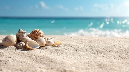 Seashells on sunny beach, ocean background, summer vacation (1)