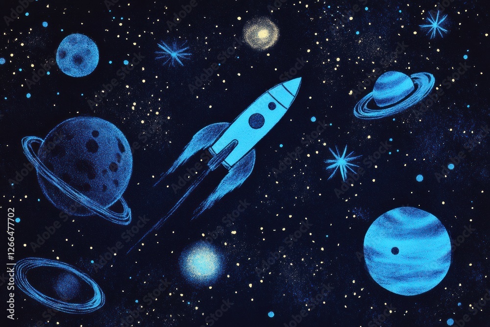 Poster creative stickers depicting a rocket soaring through a colorful galaxy with planets and stars in the