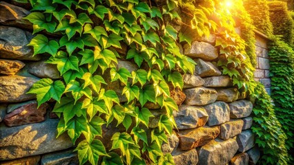 A stunning panoramic captures Boston ivy's vibrant climb on a rugged rock wall.